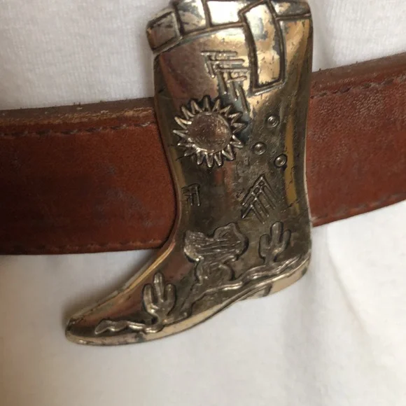 Brown Leather Cowboy Belt with Silvertone Accents - Picture 5 of 10